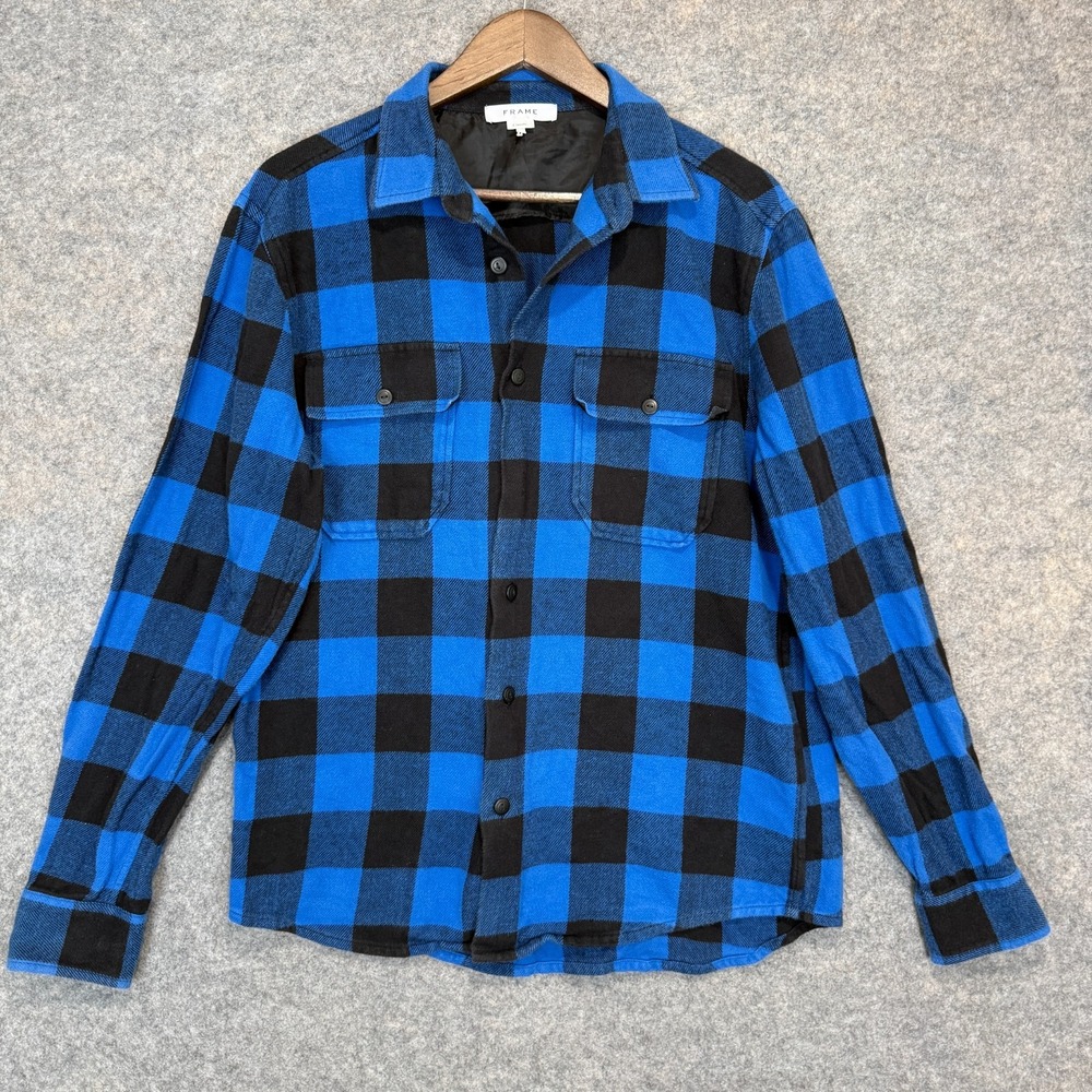 Frame Flannel Button Shirt Mens Medium Classic Blue Buffalo Plaid Brushed Klein